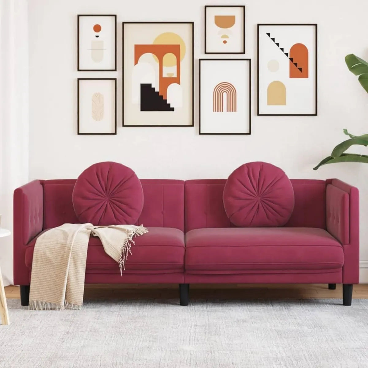 Sofá Chaise Longue de Terciopelo Rojo 3 Plazas, Respaldo y Cojines Acolchados