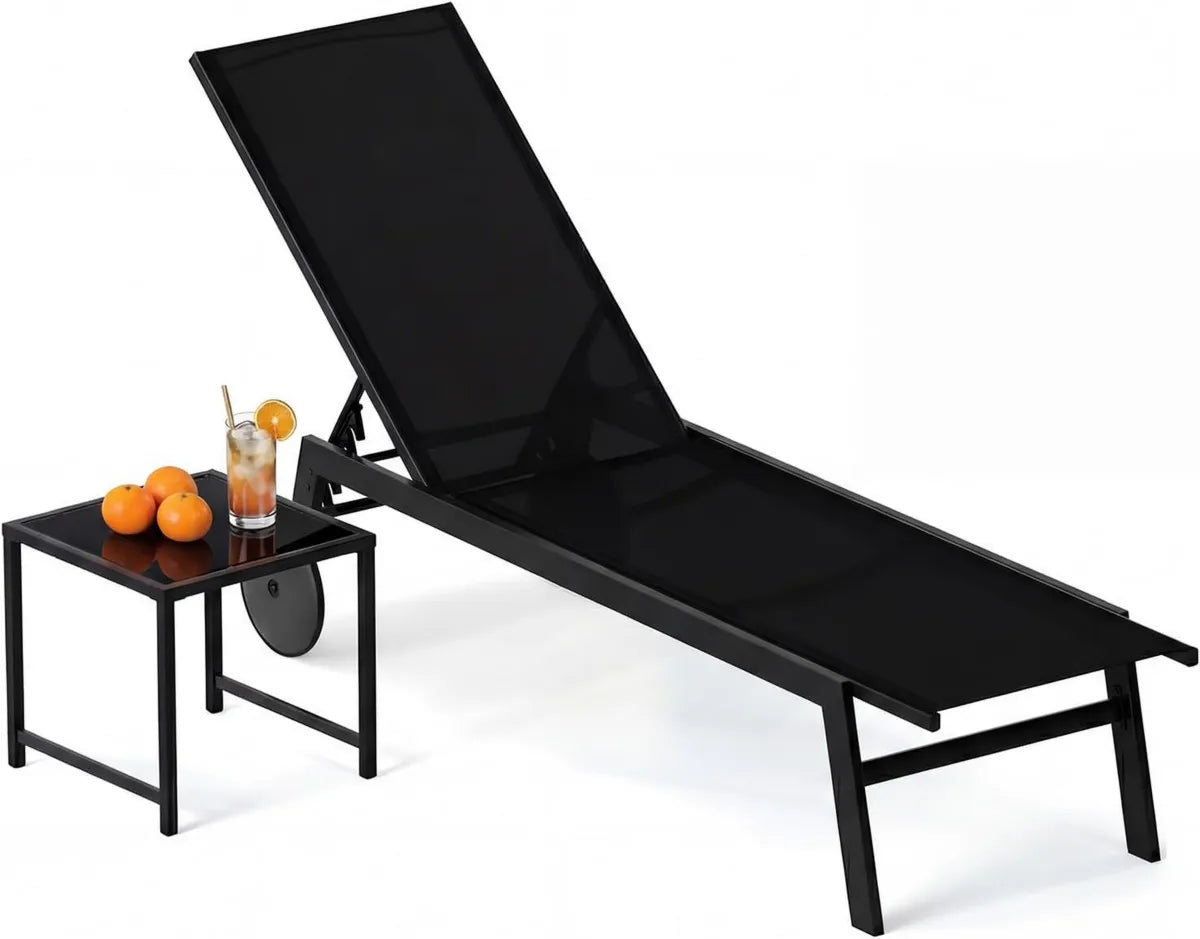Tumbona Exterior con Mesa, Respaldo Ajustable, Metal Resistente, Negro