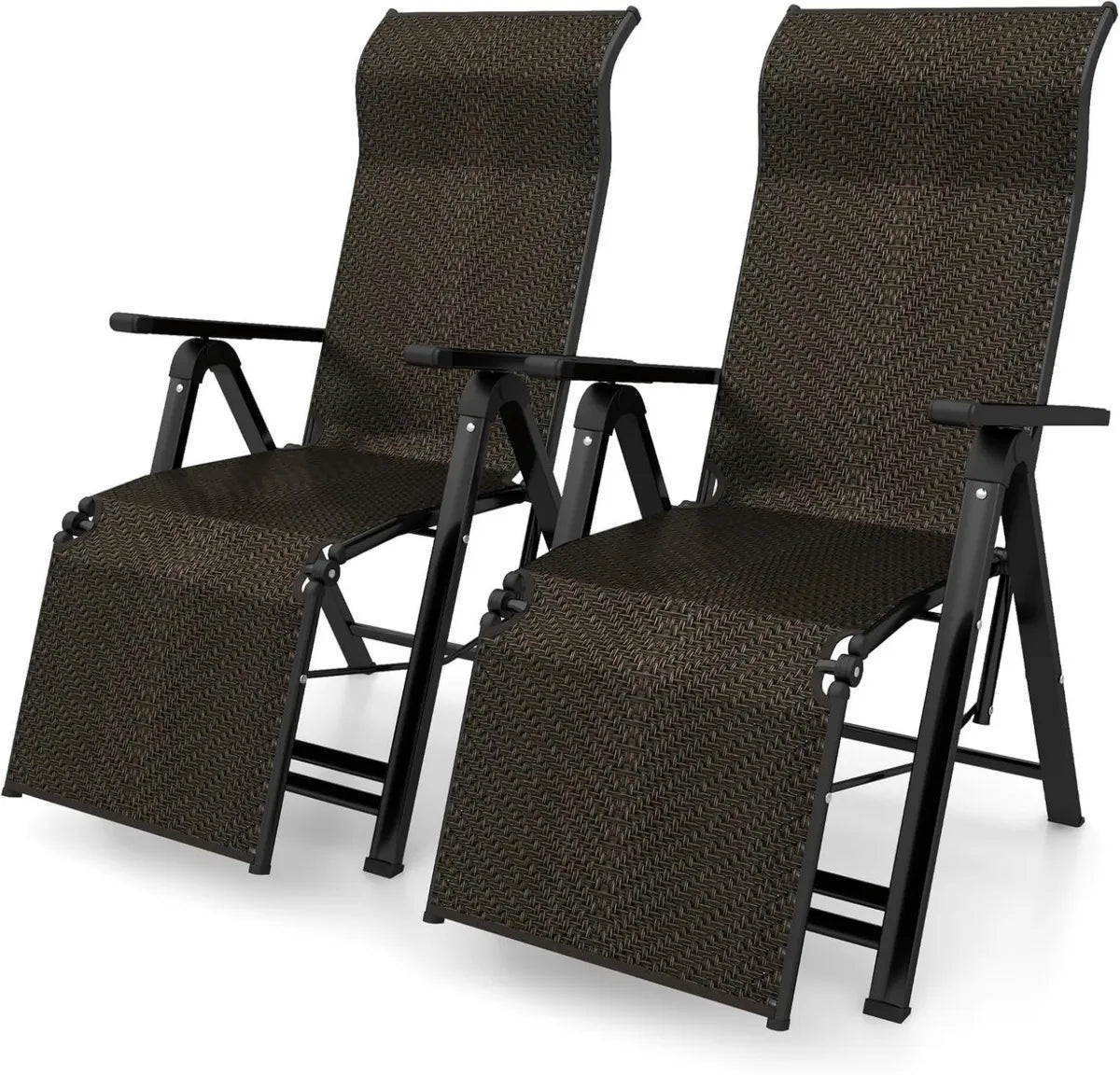 Set de 2 Tumbonas Plegables de Jardín de Ratán con Respaldo Ajustable, Estructura de Acero, 152 x 58,5 x 76 cm