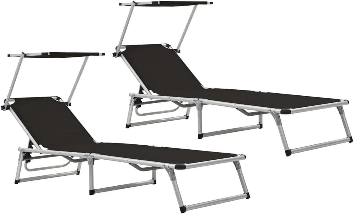 Conjunto de 2 Tumbonas Plegables con Toldo de Aluminio y Textileno Negro para Jardín y Playa