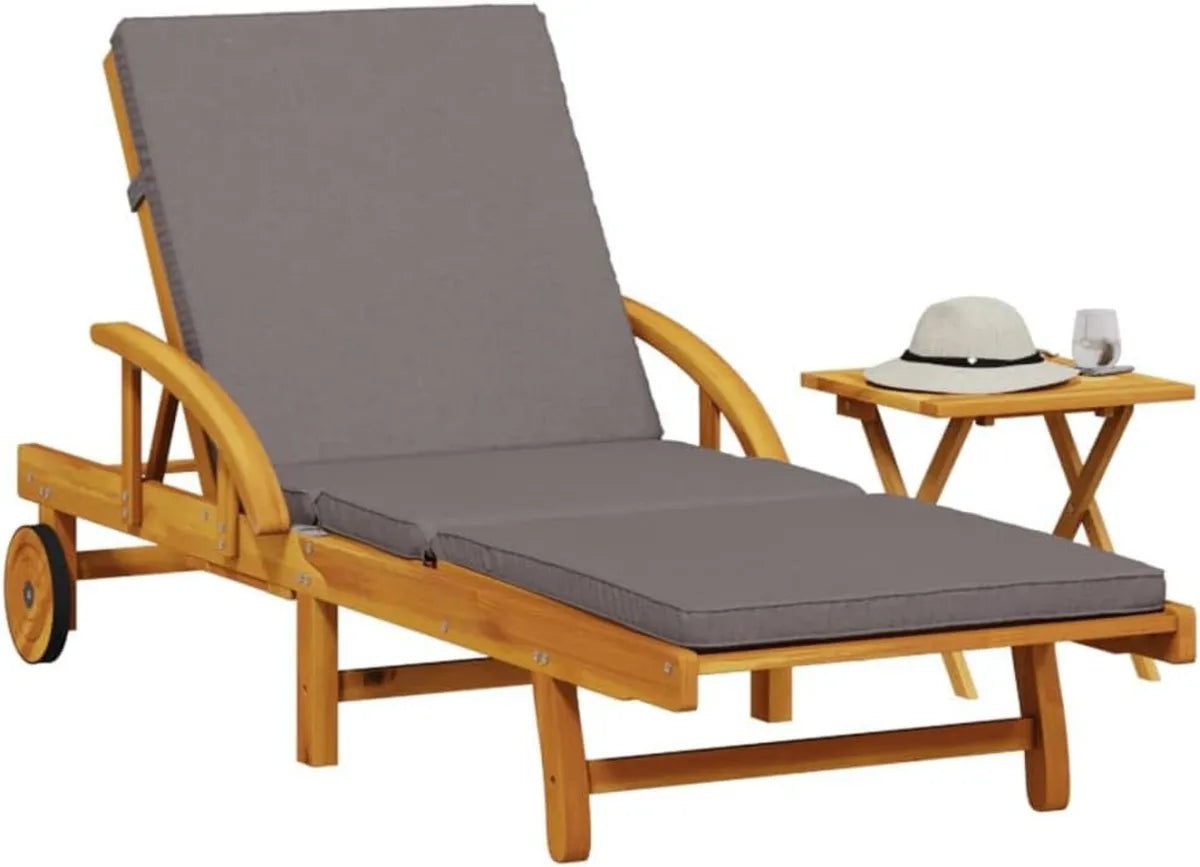 Tumbona de jardín reclinable de madera de acacia con cojín y mesita