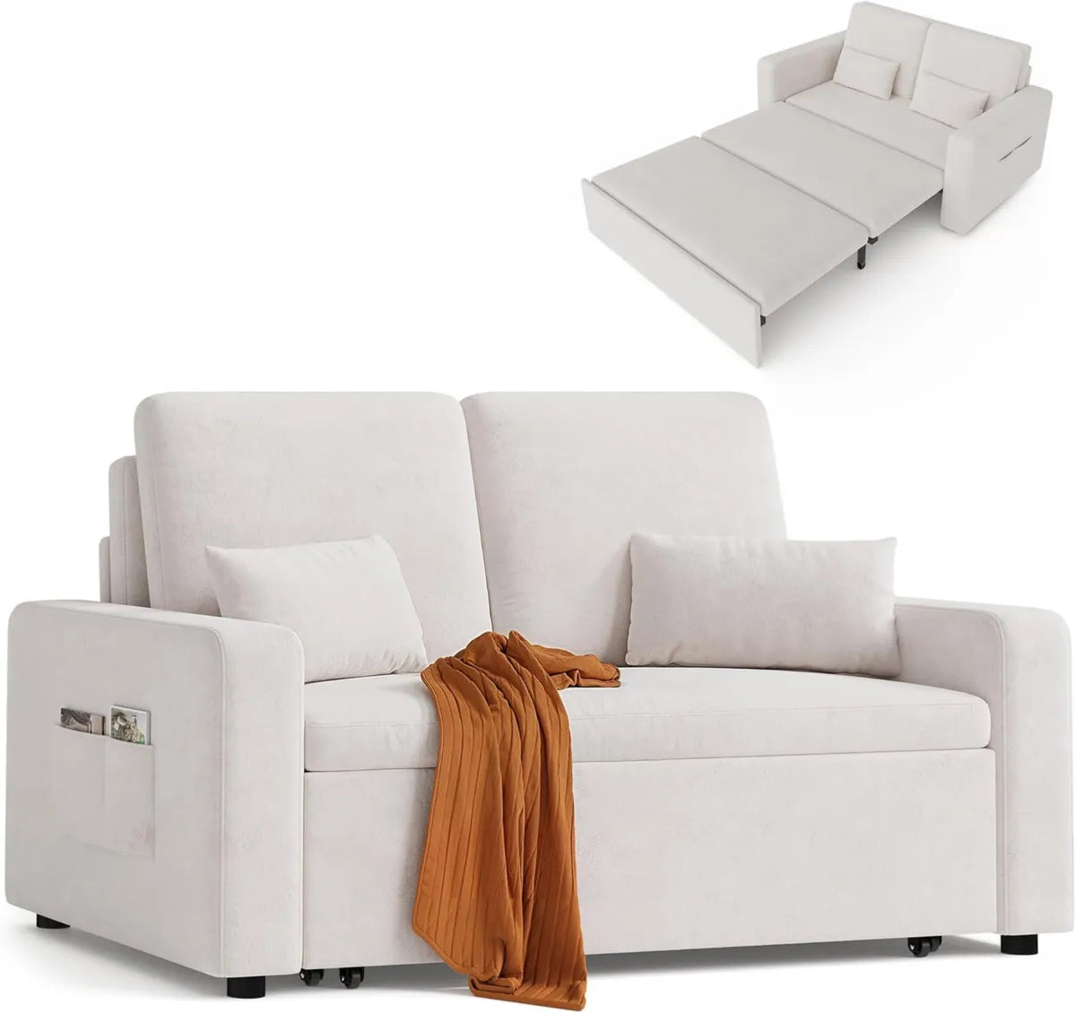 Sofá Cama Xbro 2 Plazas, Convertible 3 en 1 con Bolsillos, Terciopelo Beige