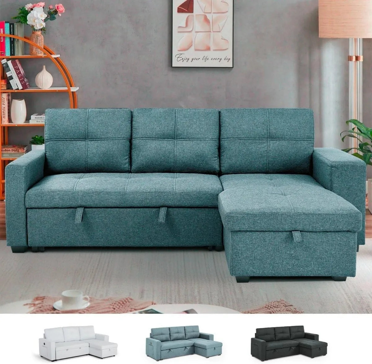 Sofá Cama 3 Plazas con Chaise Longue y Librería USB-C Gris Oscuro