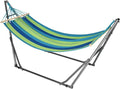 Hamaca Portátil de Algodón con Soporte de Acero, 2 en 1, Capacidad 120 kg, Ideal para Jardín y Terraza, 270x100x94 cm, Azul y Verde