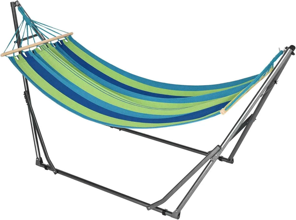 Hamaca Portátil de Algodón con Soporte de Acero, 2 en 1, Capacidad 120 kg, Ideal para Jardín y Terraza, 270x100x94 cm, Azul y Verde