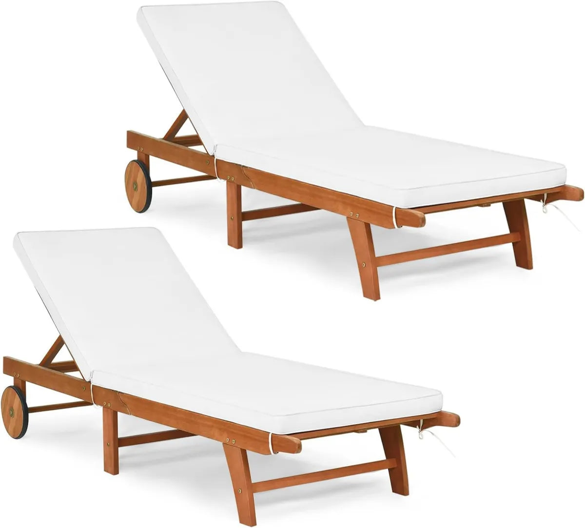 Tumbona de Madera Eucalipto Plegable con Ruedas y Respaldo Ajustable, Cojín Extraíble, 160kg, Beige (Juego de 2)