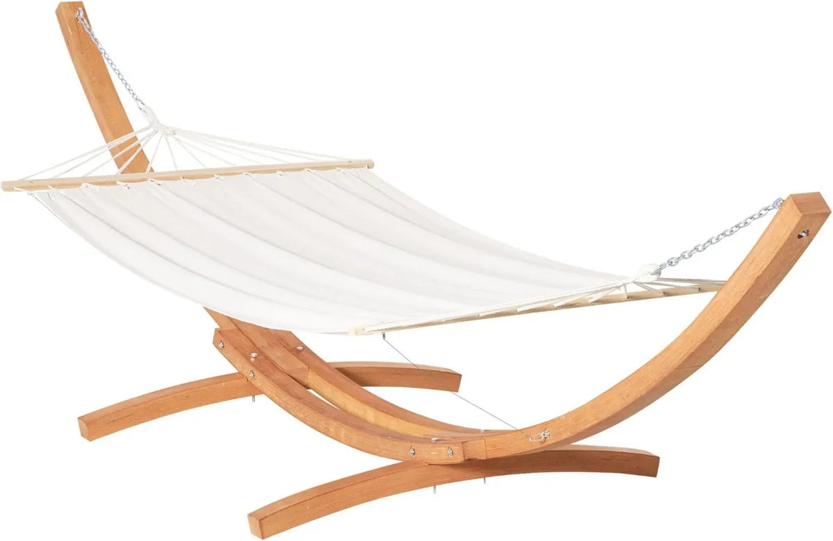 Hamaca Colgante de Algodón con Soporte de Madera para Exterior 200x120 cm, Soporta 150 kg, Color Blanco y Natural