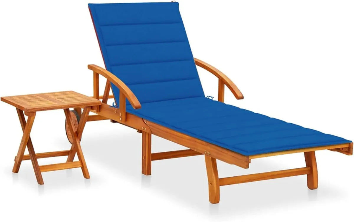 Tumbona de Jardín con Mesa y Cojín de Madera Maciza de Acacia para Exterior