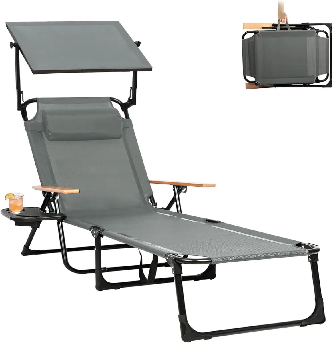 Tumbonas Plegables con Cabezal Ajustable y Portavasos, Ideal para Playa y Jardín, Gris con Parasol