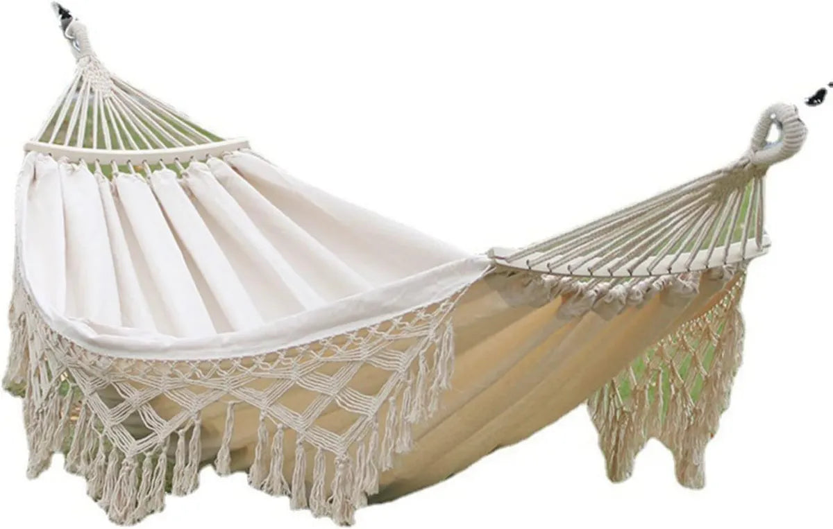 Hamaca de Algodón con Flecos para Jardín y Playa, 200x150 cm, Color Blanco