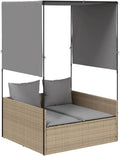 Tumbona Doble con Techo y Cortinas, Ratán Sintético Resistente UV e Intemperie, Beige, Cojín Acolchado Incluido, 118x110x187 cm