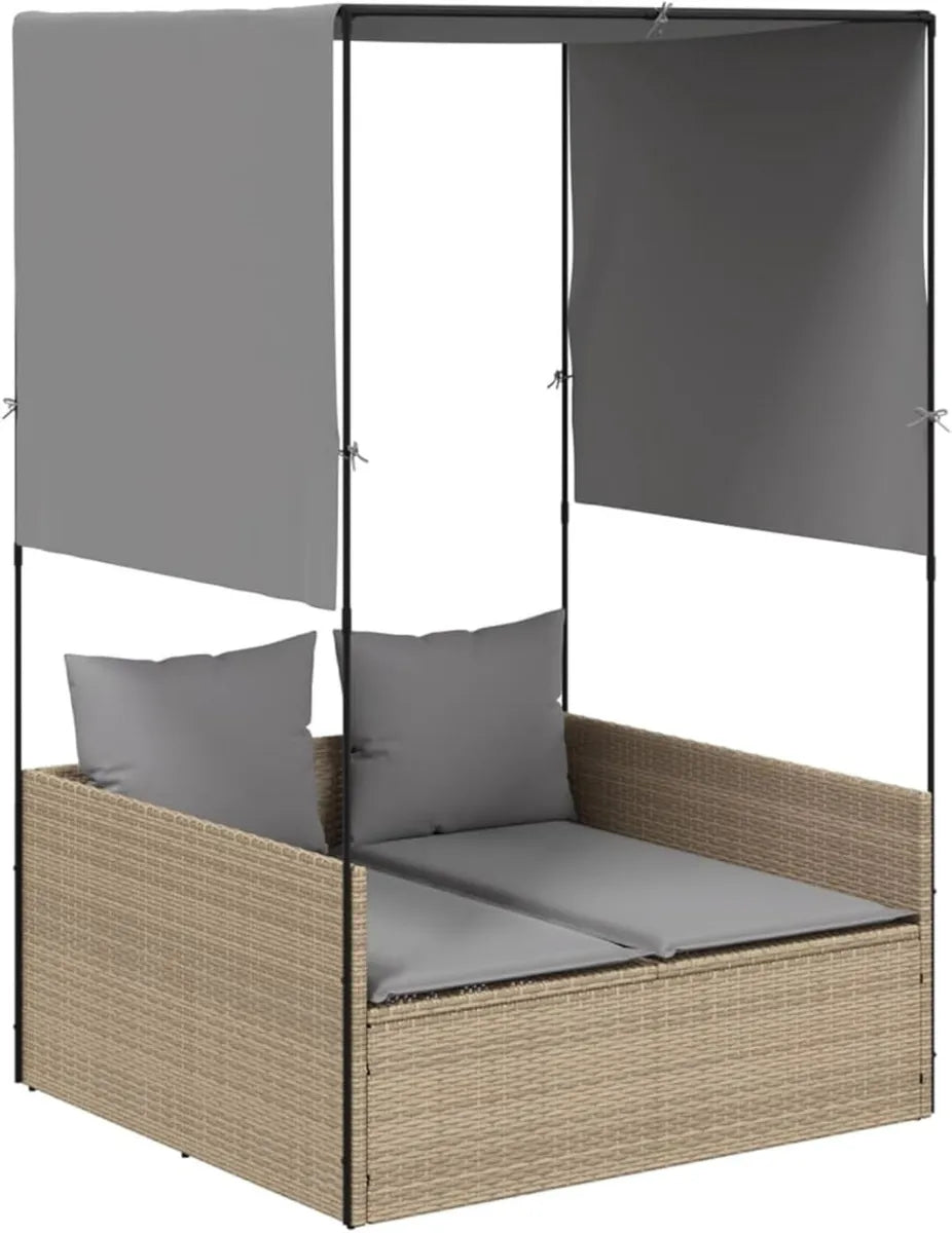 Tumbona Doble con Techo y Cortinas, Ratán Sintético Resistente UV e Intemperie, Beige, Cojín Acolchado Incluido, 118x110x187 cm