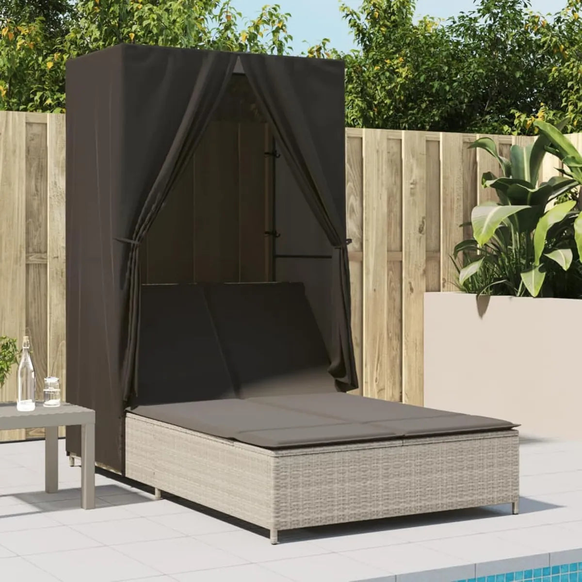Tumbona Doble con Techo y Cortinas, Ajustable, Grises, 104x197x193 cm, para Jardín y Terraza