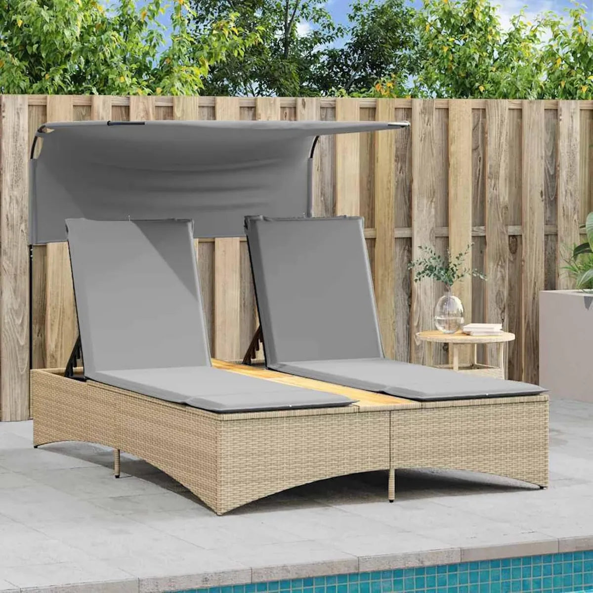 Tumbona Doble Beige con Toldo Ajustable y Respaldo Reclinable para Jardín