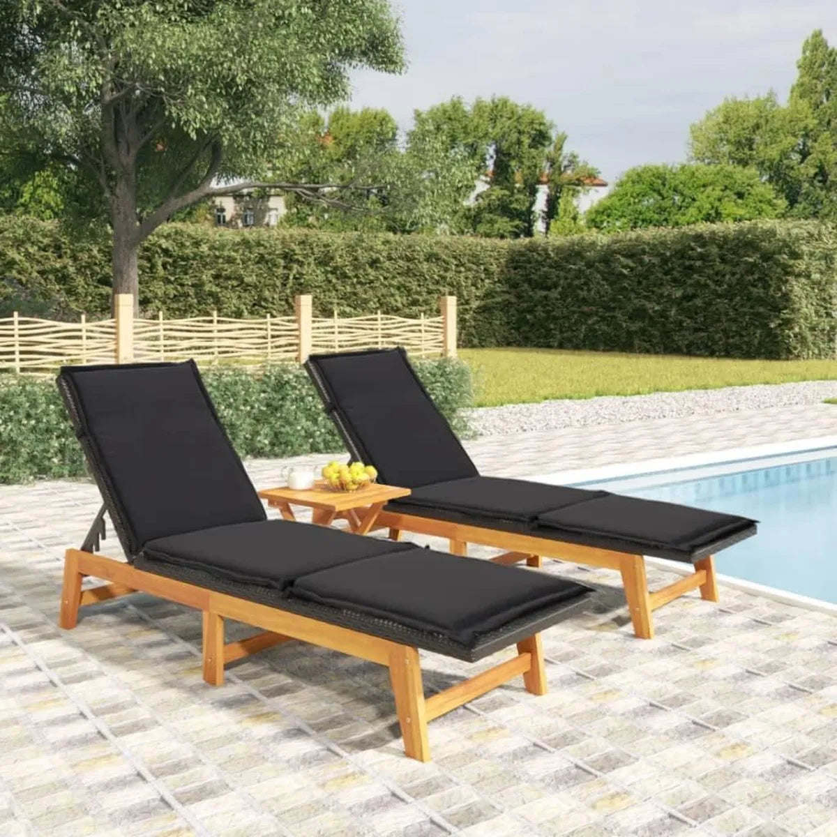 Set de 2 tumbonas de exterior de ratán sintético y madera de acacia, respaldo regulable, con cojín impermeable, ideal para jardín o terraza, color negro