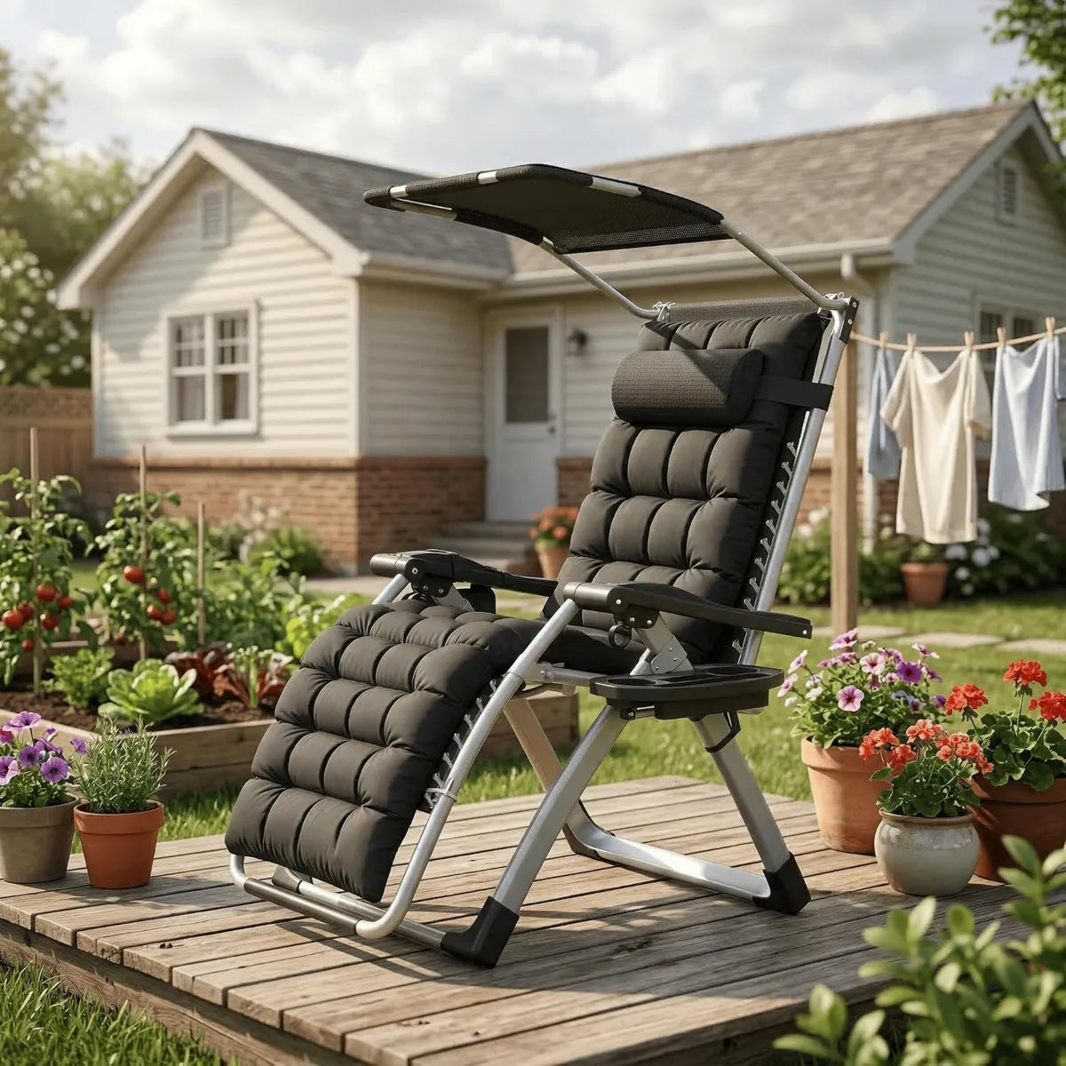 Tumbona de jardín plegable con cojín y dosel, soporte para bebidas y bolsillo, capacidad hasta 150 kg, ideal terraza o camping (negro)