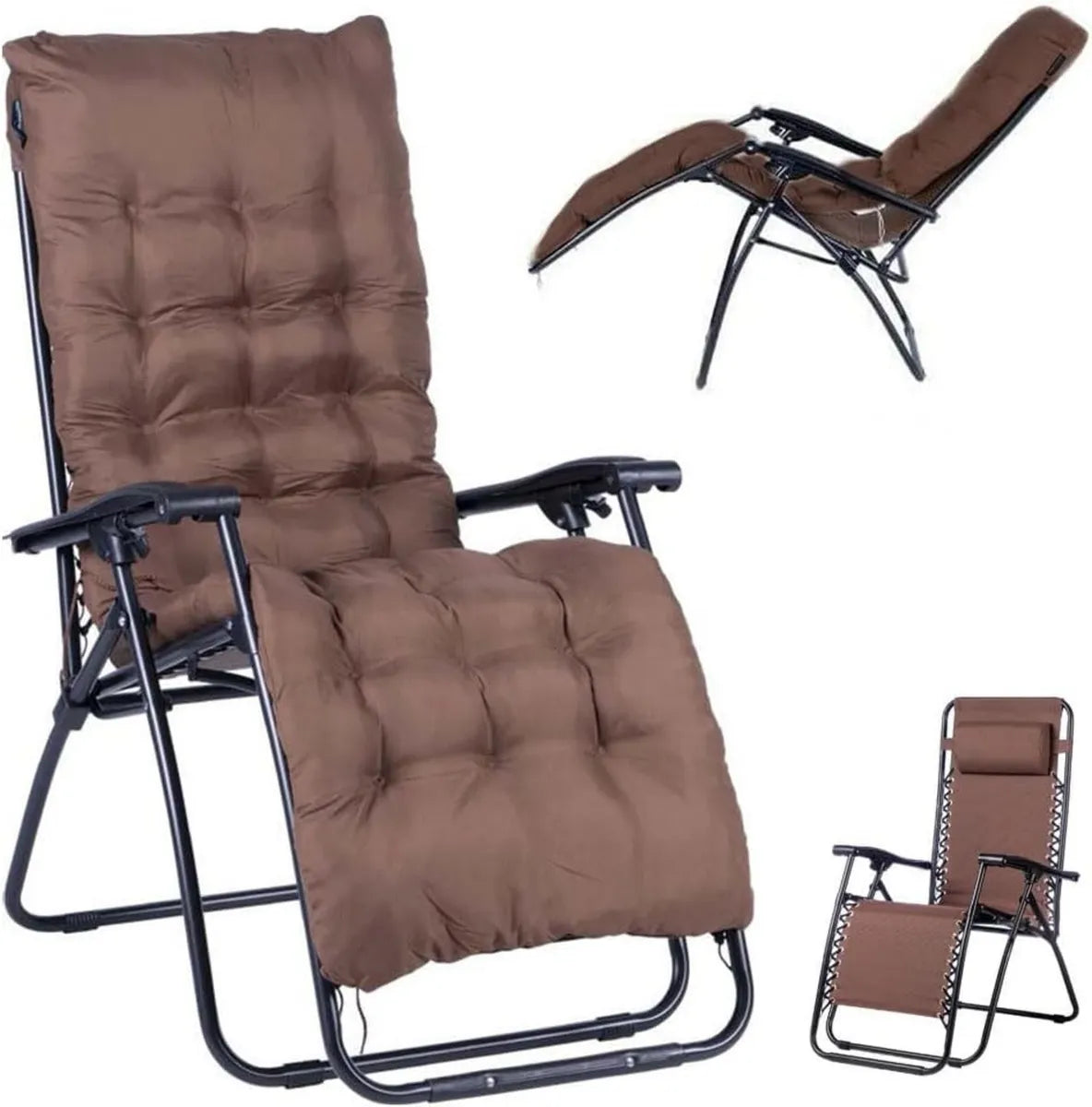 Silla Plegable de Jardín de Gravedad Cero, Reclinable y Compacta, Estructura de Metal, Asiento de Textileno Marrón