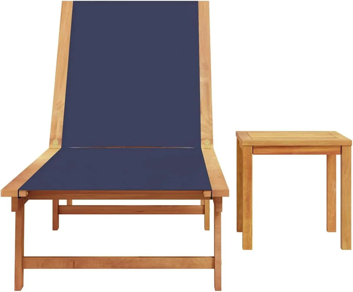 Tumbona Ajustable de Acacia con Mesa, Textileno Azul para Jardín