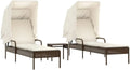 Conjunto de 2 tumbonas de ratán con techo y mesa, marrón, respaldo ajustable, cojines crema, para jardín y terraza
