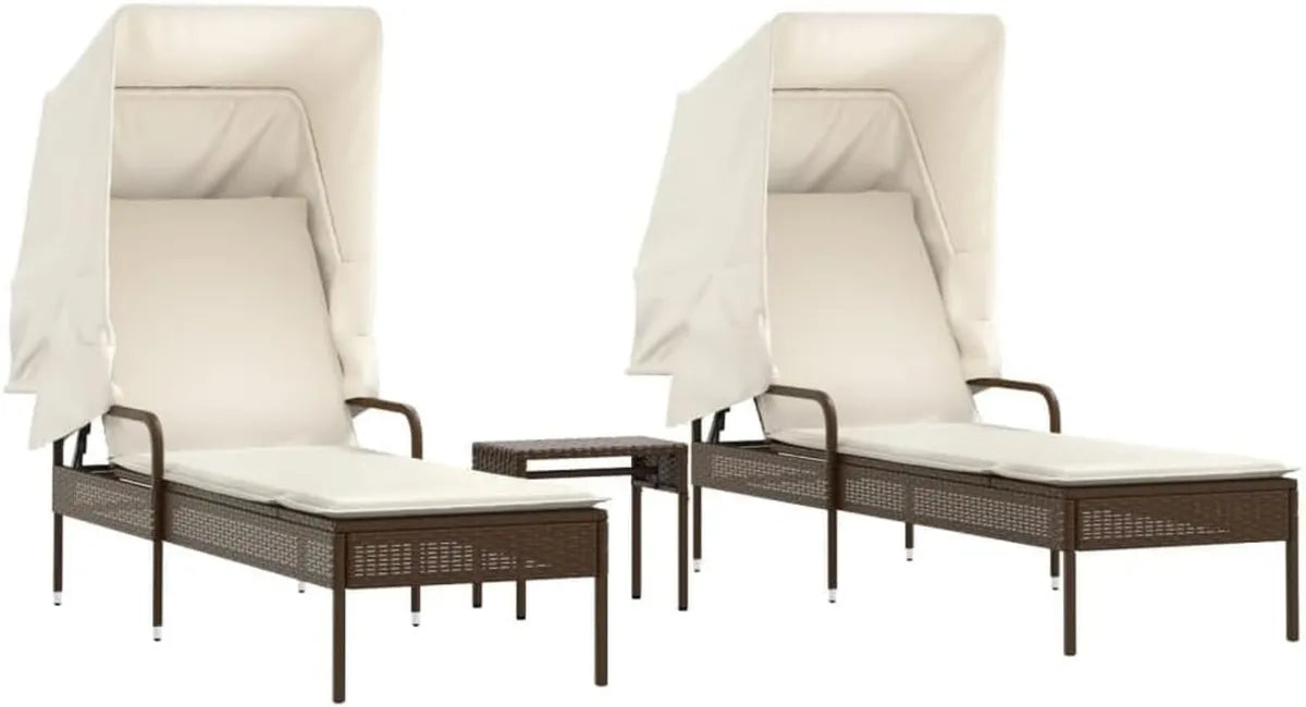Conjunto de 2 tumbonas de ratán con techo y mesa, marrón, respaldo ajustable, cojines crema, para jardín y terraza