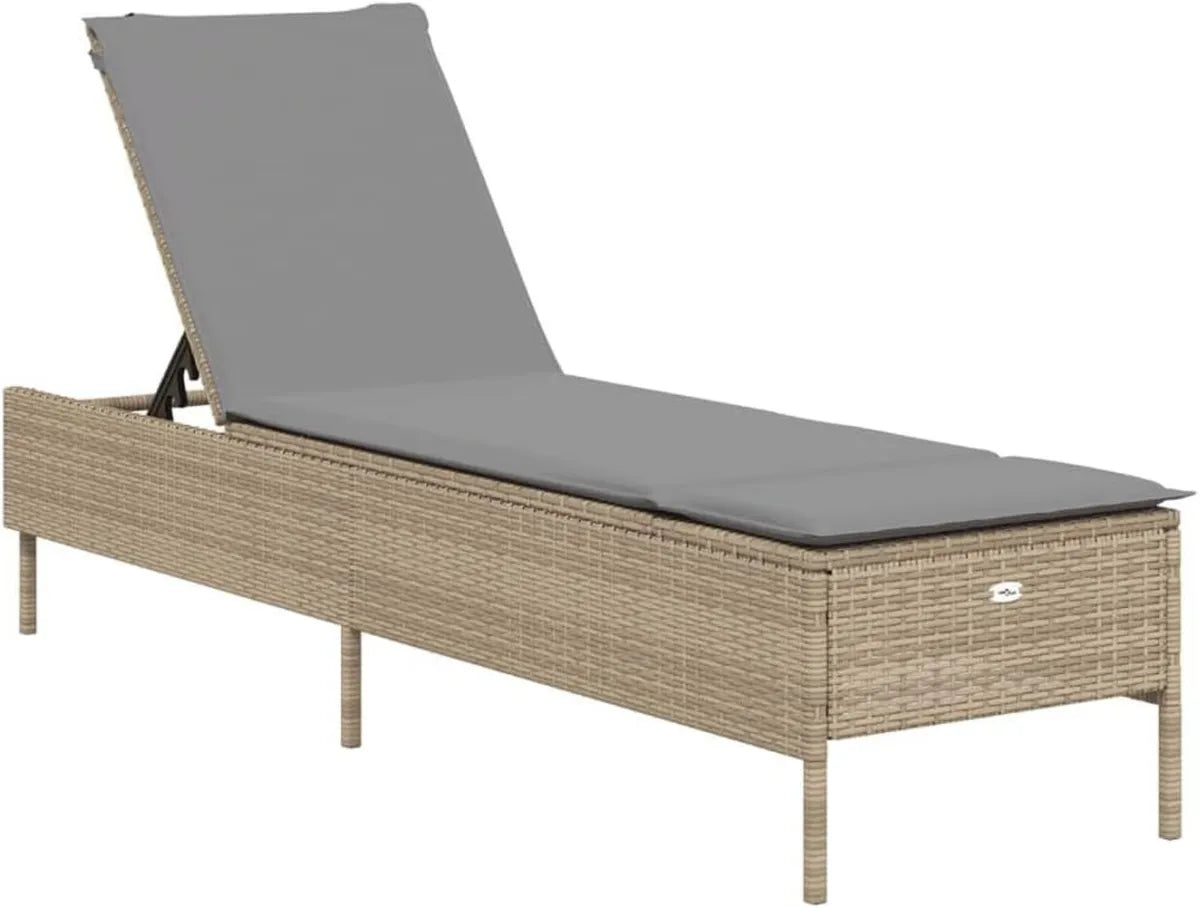 Tumbona Reclinable de Ratán Sintético Beige para Jardín y Exterior con Cojín