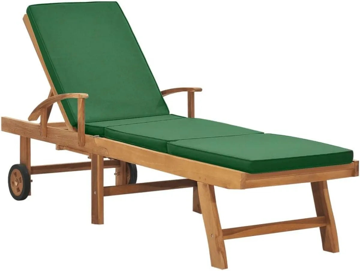 Silla reclinable de teca maciza con cojín verde, ajustable y resistente al clima
