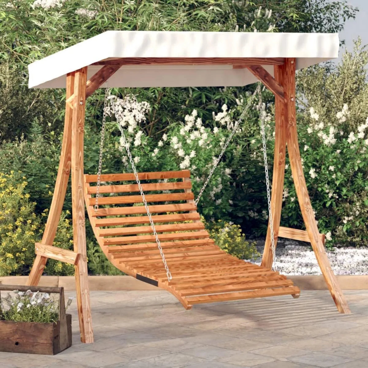 Tumbona de Madera de Abeto con Toldo, Ideal para Jardín y Terraza