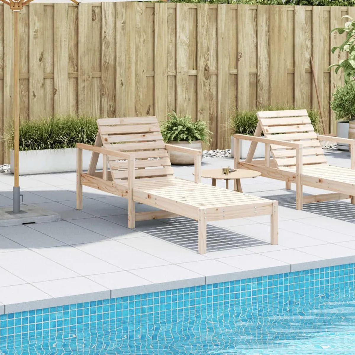 Tumbona Ajustable de Madera de Pino para Jardín y Piscina, 199.5x62x55 cm