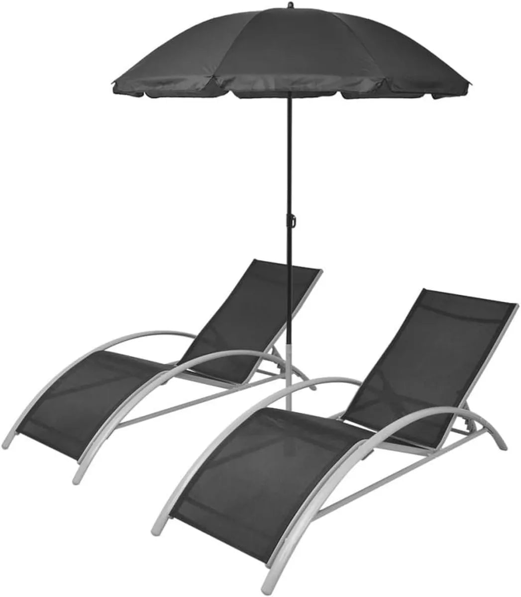 Conjunto de tumbonas ajustables de aluminio con sombrilla, diseño moderno para jardín y piscina