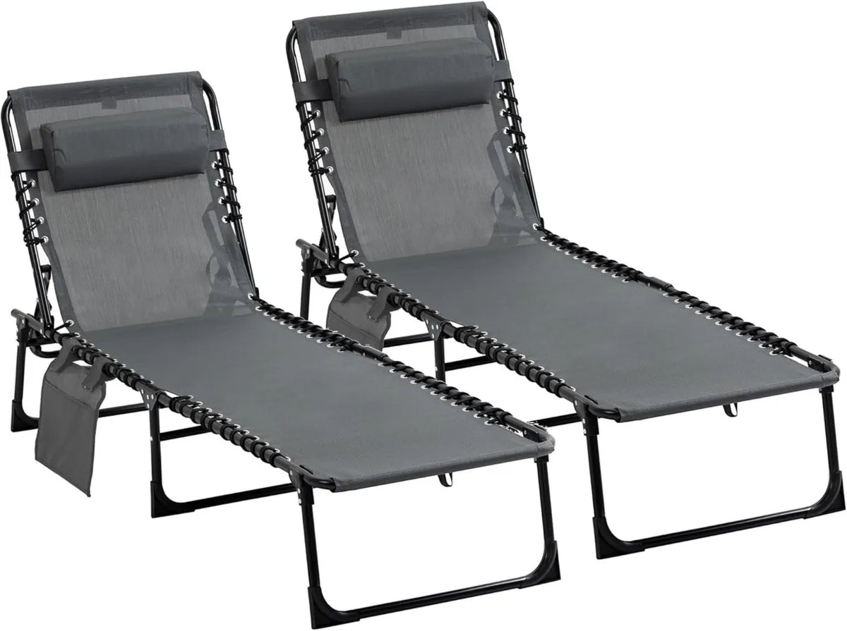 Juego de 2 tumbonas plegables para exterior con respaldo ajustable y reposacabezas - Gris