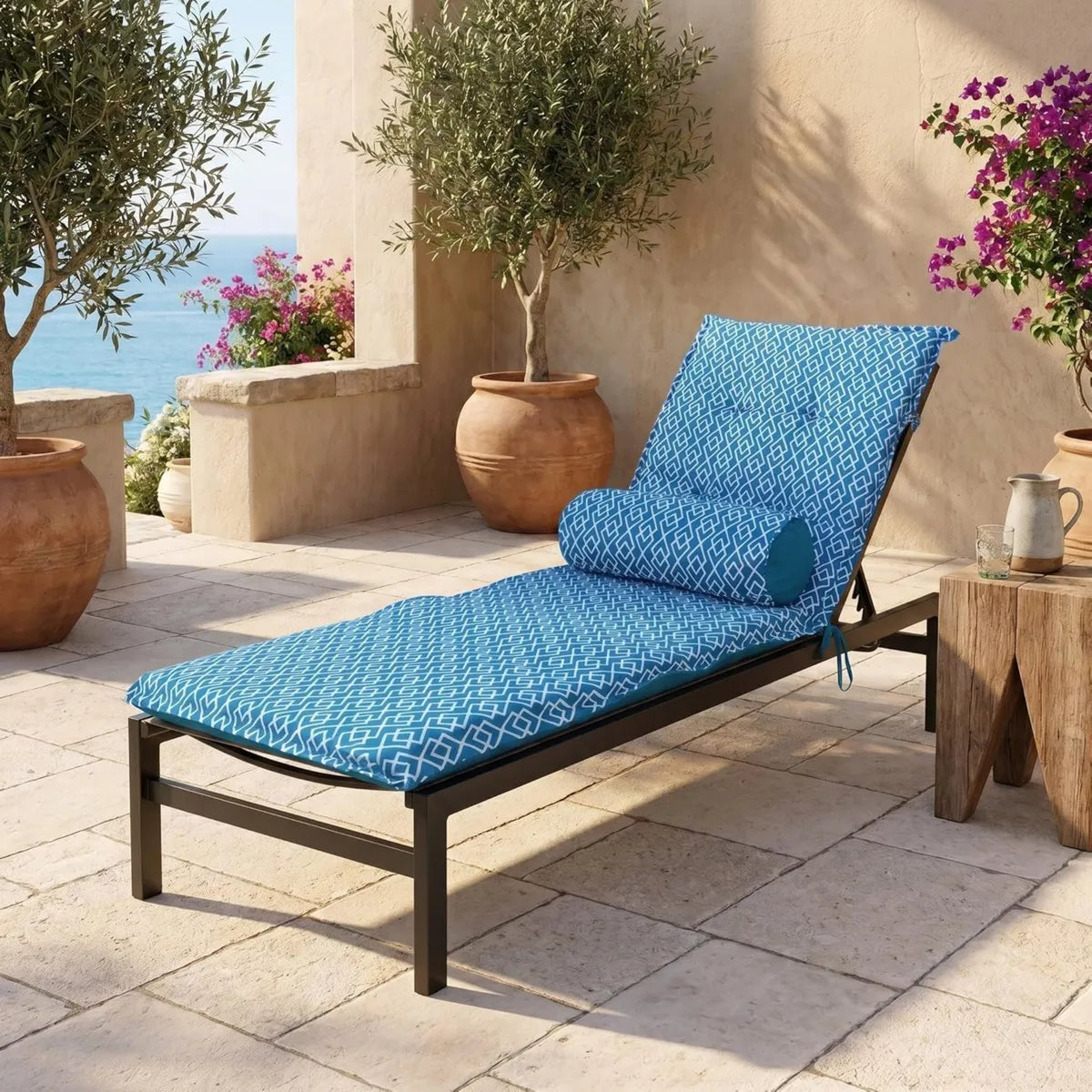 Set de Cojines para Tumbona con Reposacabezas - Impermeables y Resistentes al Sol - Diseño Geométrico en Turquesa