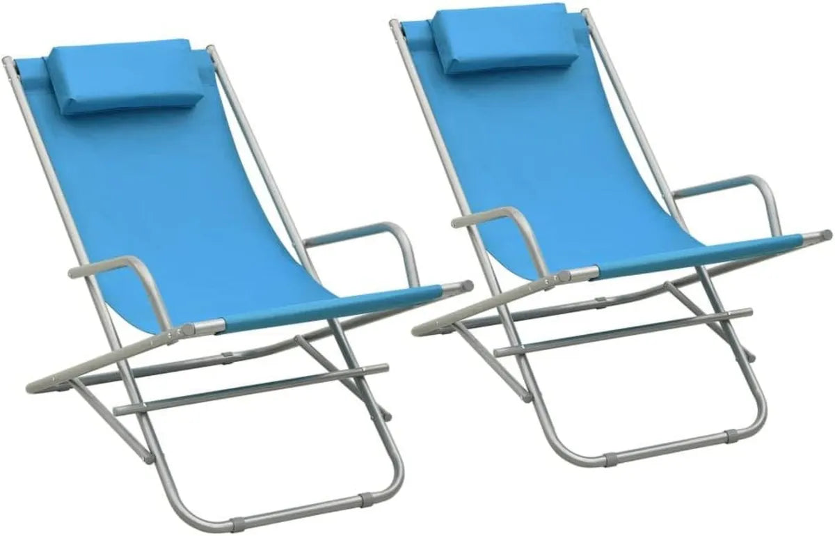 Pareja de mecedoras plegables azules con cojín para jardín, estructura de acero resistente, soporta hasta 120 kg