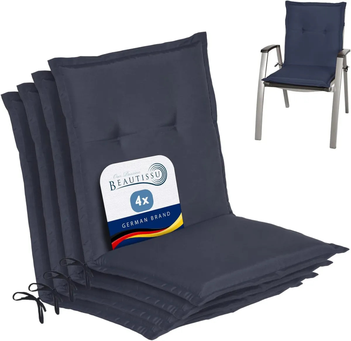 Conjunto de 4 Cojines para Sillas de Jardín, Exterior con Respaldo Bajo, 100x50x6 cm, Azul Marino