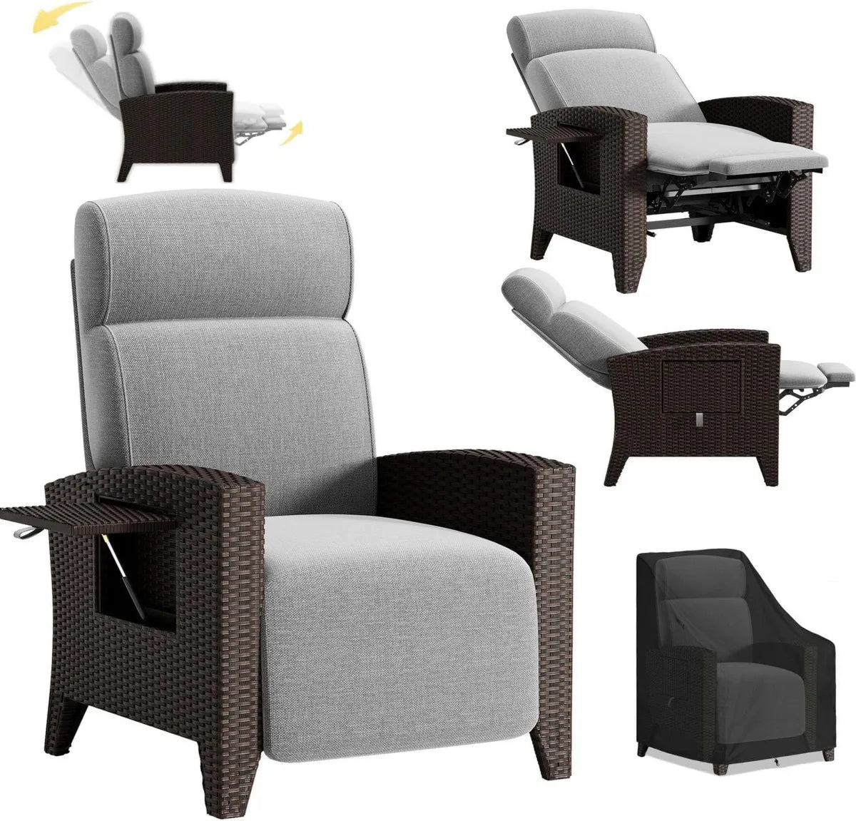 Sillón Reclinable de Ratán para Jardín con Funda, Ajustable y Perfecto para Terraza y Patio