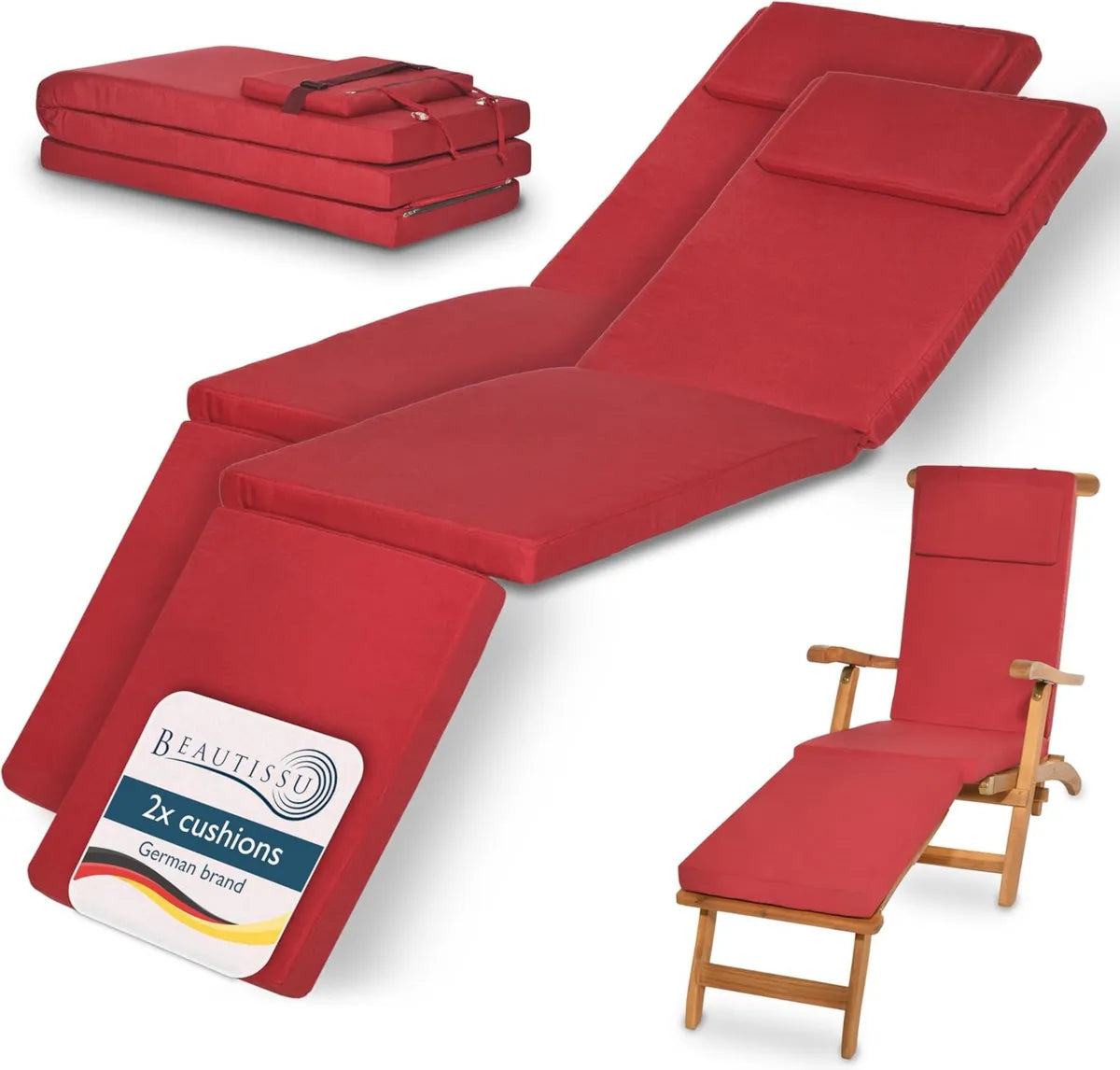Set de 2 Cojines para Tumbona Exterior LoftLux DC 175x45x5 cm – Rojo Desenfundable y Cómodo para Jardín y Playa