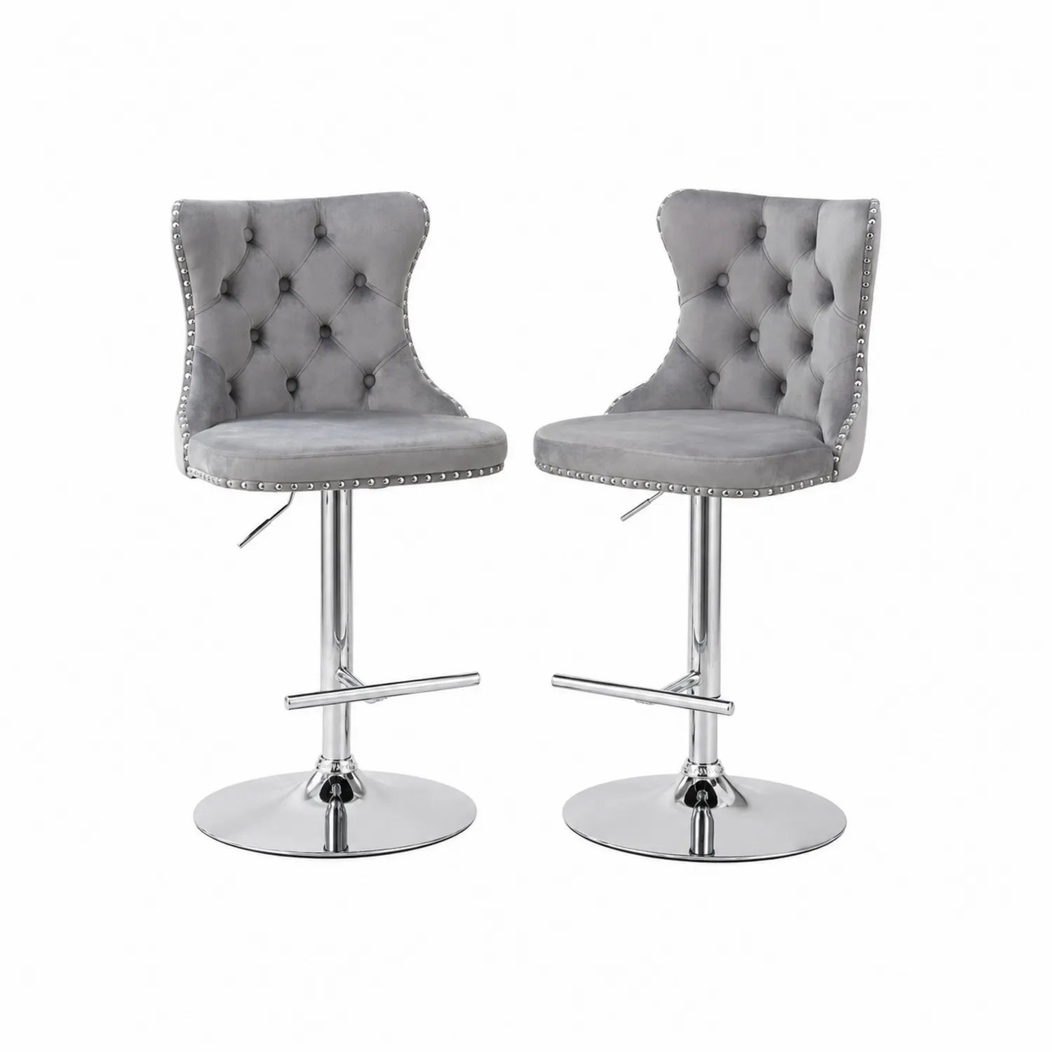 Juego de 2 taburetes de bar de terciopelo gris con base metálica cromada