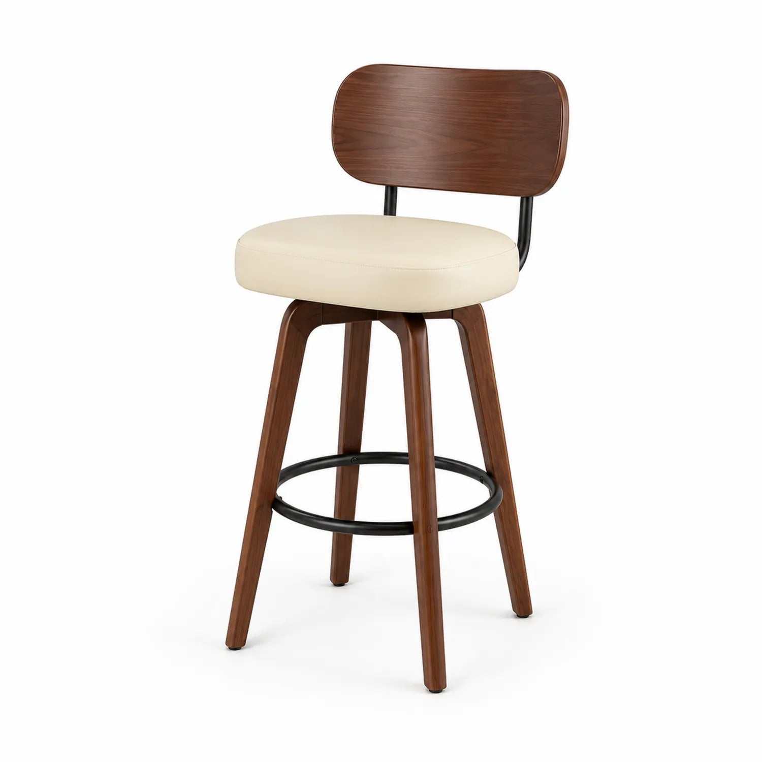 Taburete de Madera y Metal con Asiento de PU Crema