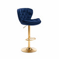 Taburete de bar de terciopelo azul y base de metal dorado