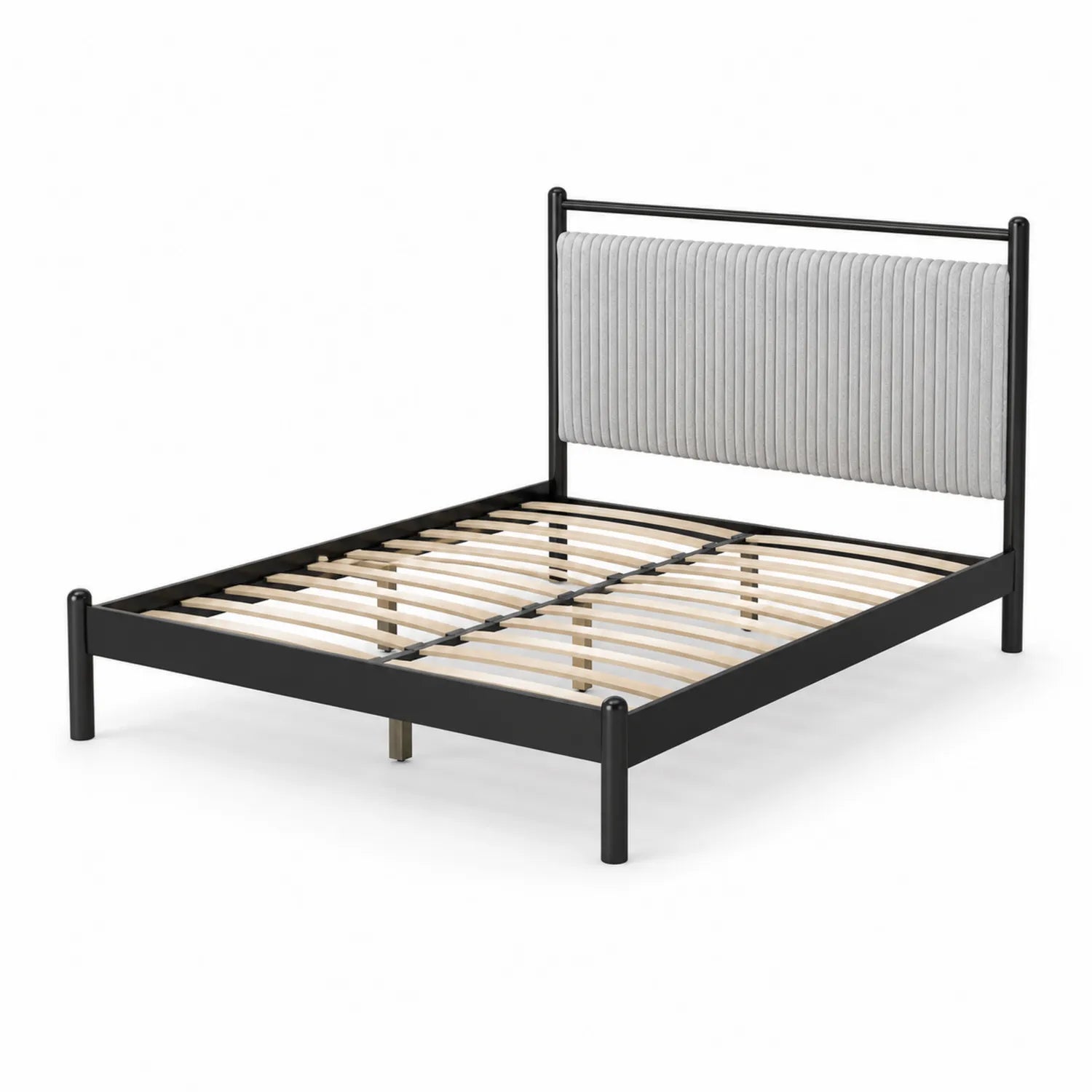 Cama doble de metal negro con cabecero tapizado de tela gris 200x150 cm
