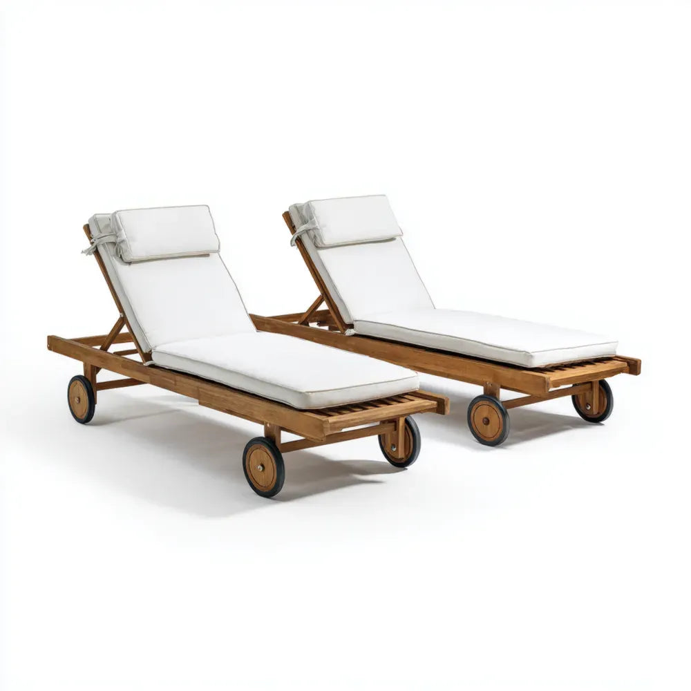 Outdoor Patio Recliner Set - Teak Wood Adjustable Chaise Lounge 200x65x35 cm - White Cushions