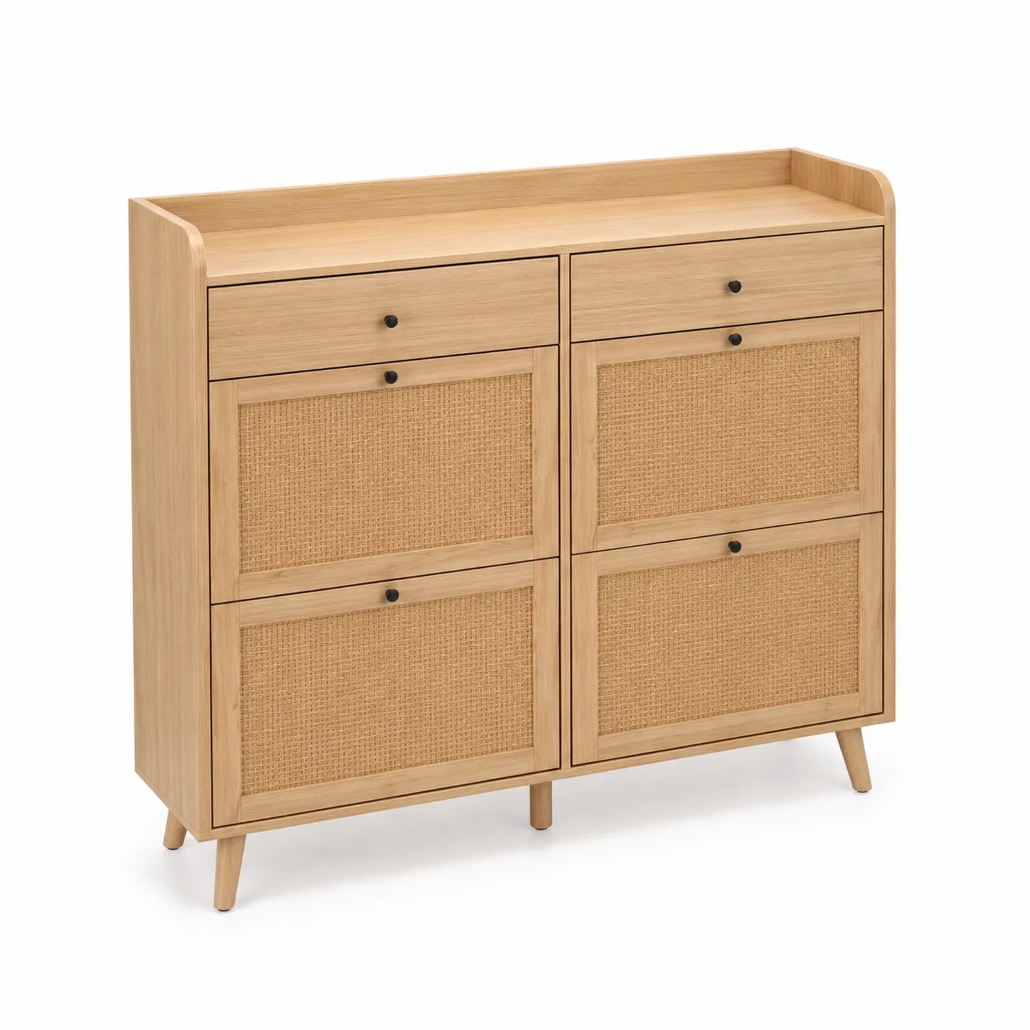 Schuhschrank aus Holz und Rattan mit 4 Türen und 2 Schubladen 100x30x90 cm