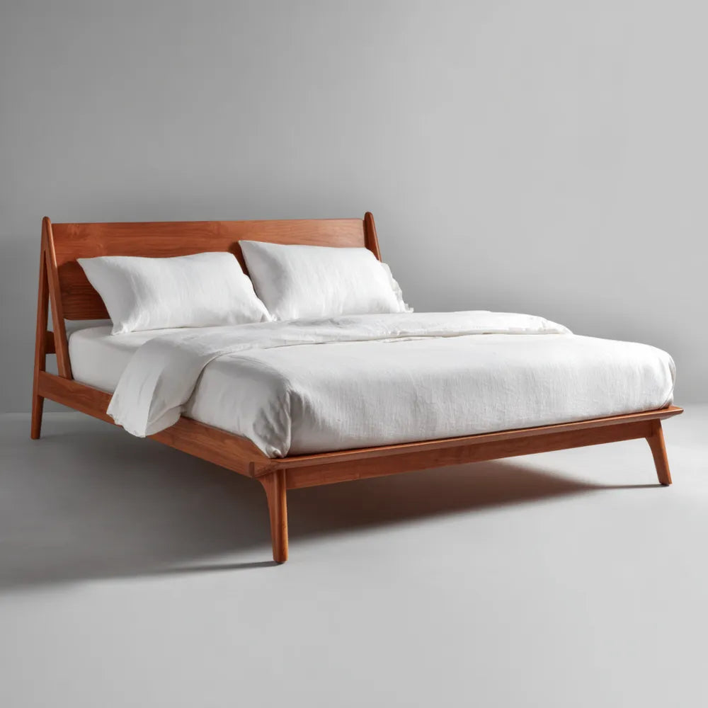 Double Platform Bed Solid Wood Frame 200x150x90 cm - Cherry Finish - Mid-Century Modern