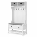 Garderobe aus weißem MDF mit Bank und Ablage, grauem Kissen, 6 Haken