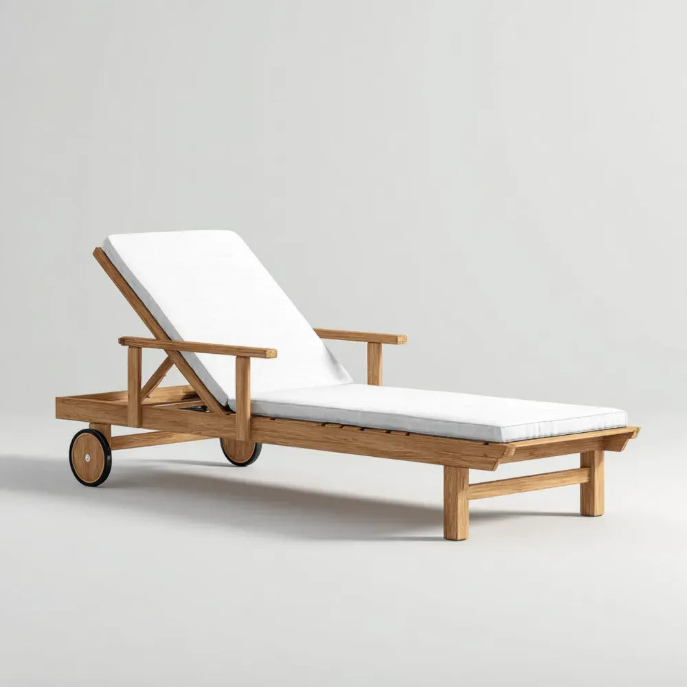 Teak Wood Patio Recliner with Cushions - 200x70x35 cm - Natural/White Finish - Adjustable Outdoor Lounger